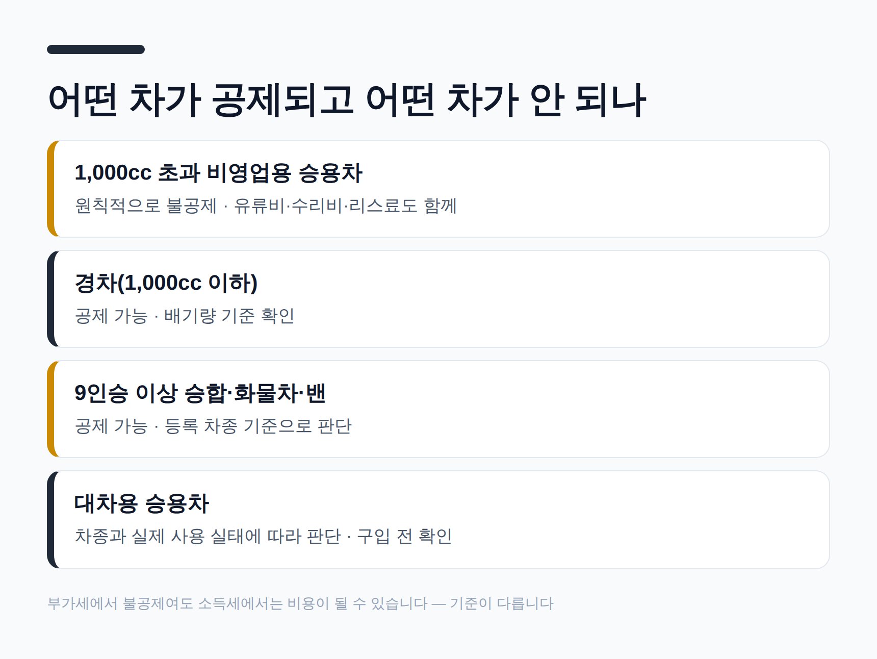 정비소 업무용 차량의 부가세 매입세액 공제 여부 비교