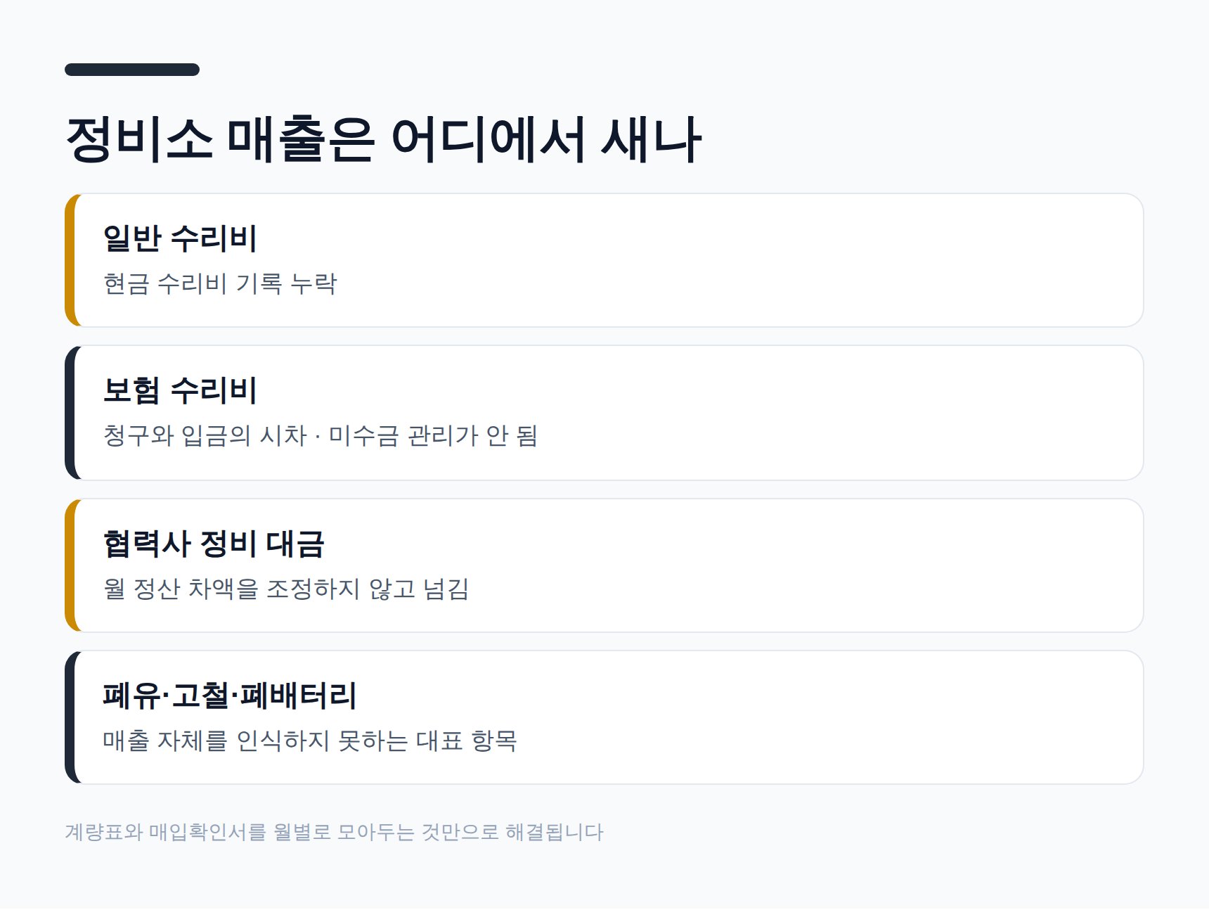 정비소 매출이 누락되기 쉬운 갈래별 정리