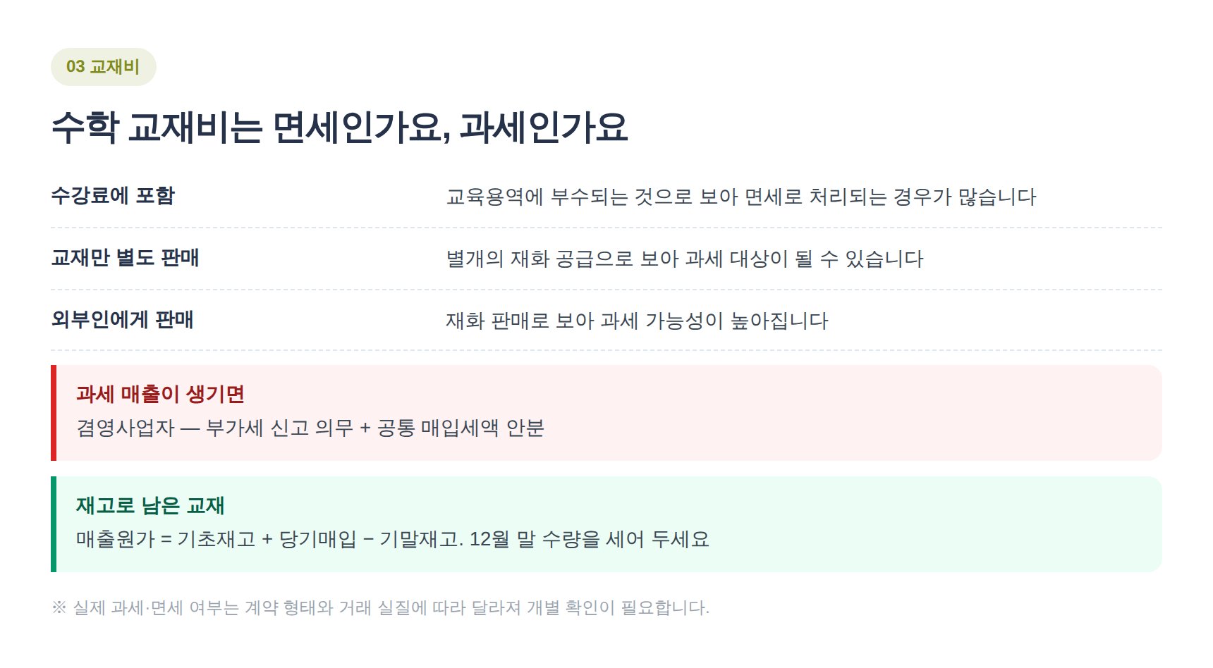 학원 교재비 면세 과세 판정 기준과 겸영사업자 안분