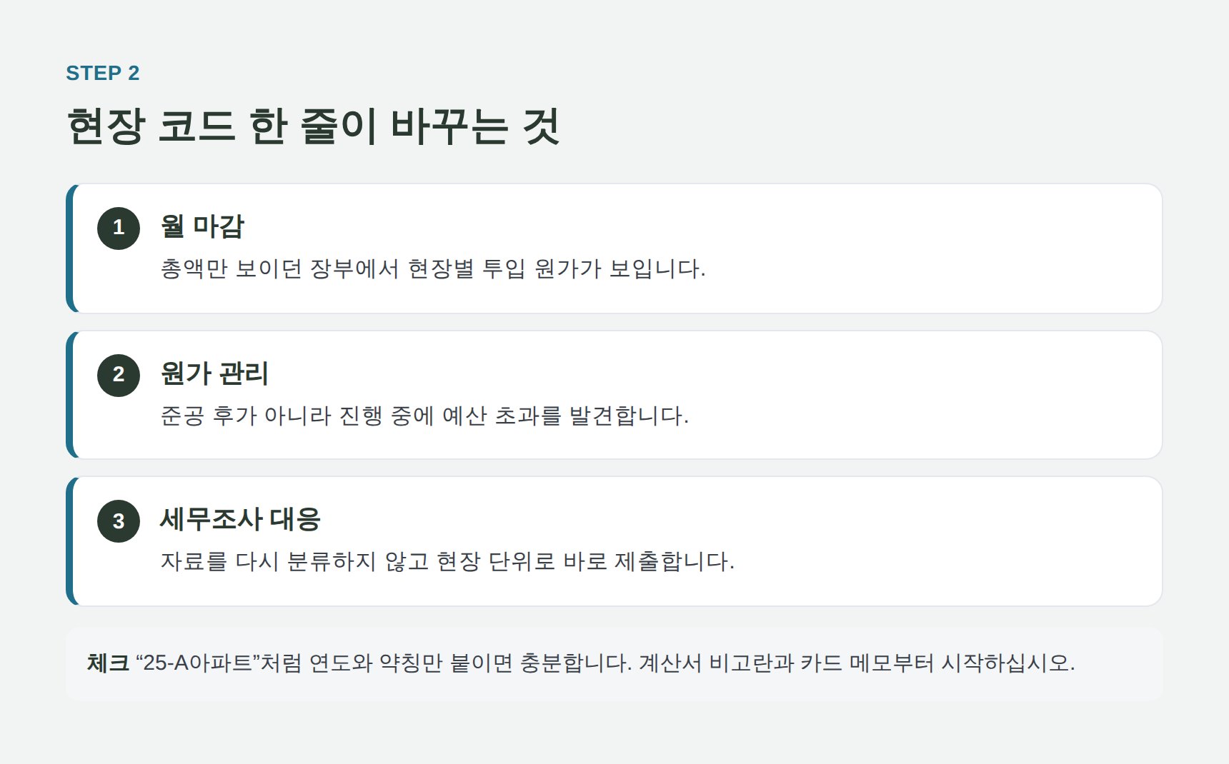 현장 코드를 붙였을 때 달라지는 월 마감과 원가 관리