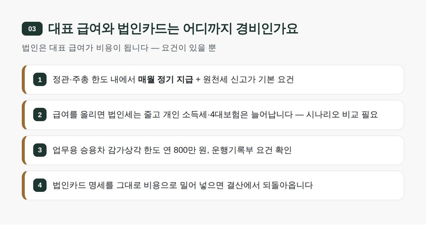 대표 급여와 법인카드는 어디까지 경비인가요 — 송파구 자동차정비업 세무기장
