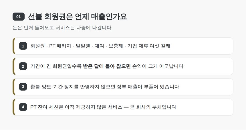선불 회원권은 언제 매출인가요 — 서초구 헬스장 세무기장