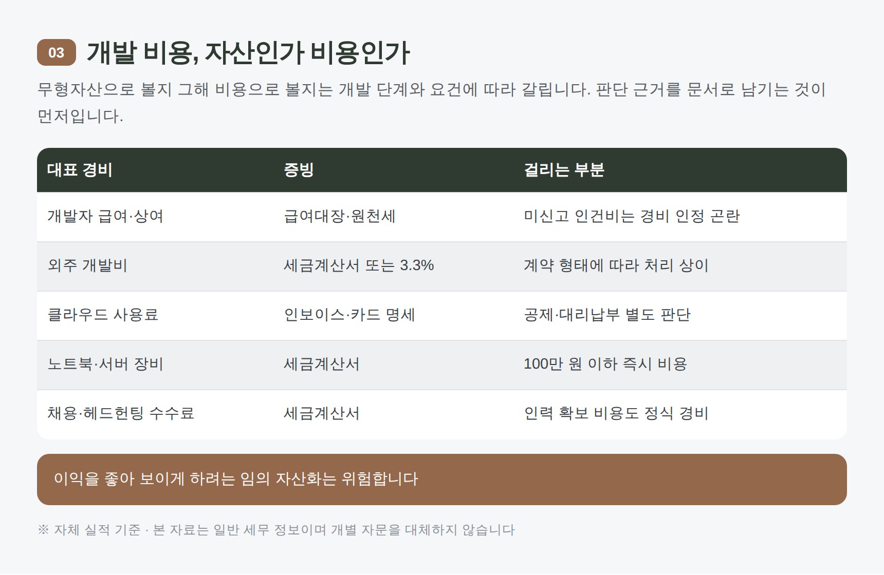 개발 비용 자산화와 대표 경비 증빙 표