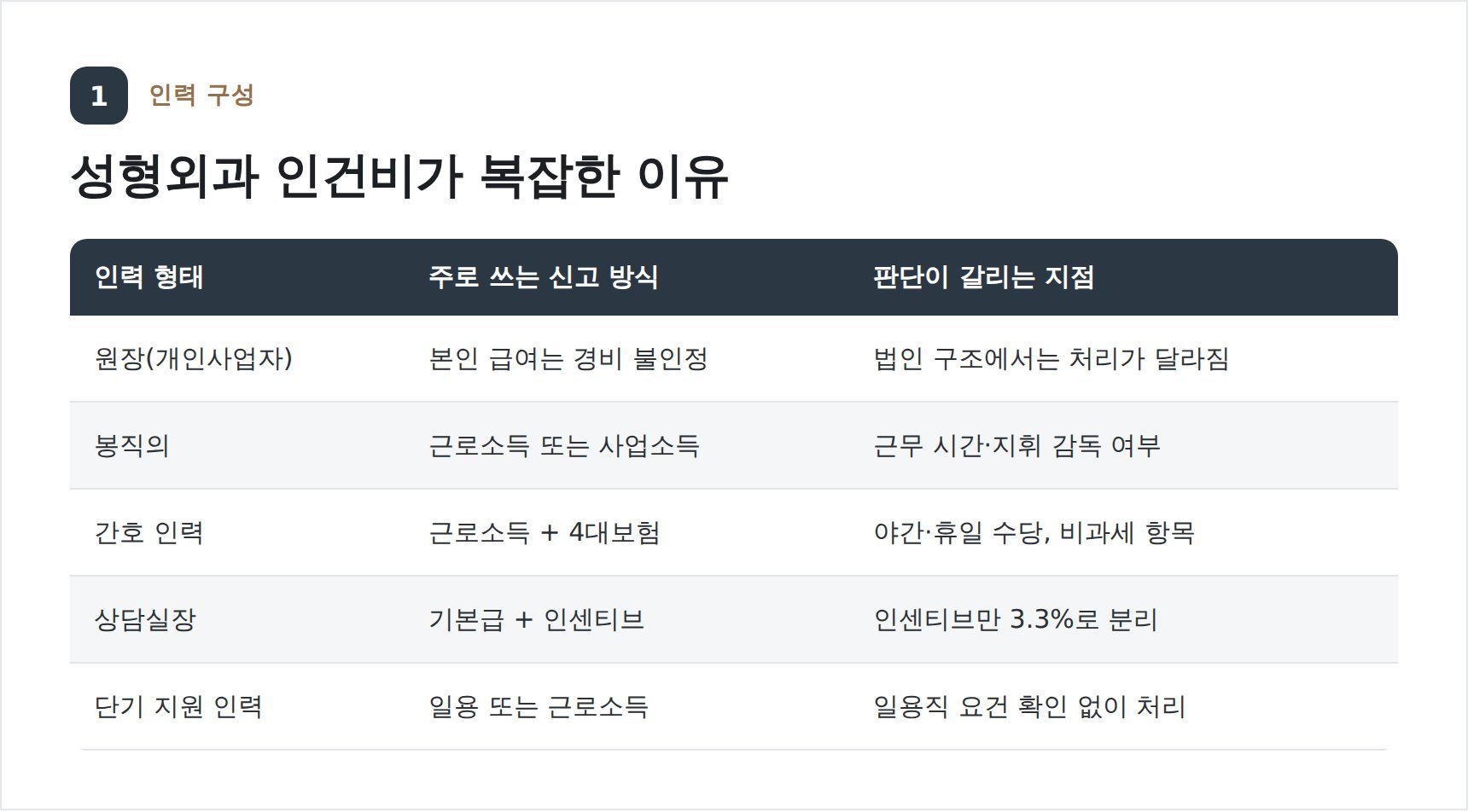 성형외과 인력 형태별 신고 방식 비교표