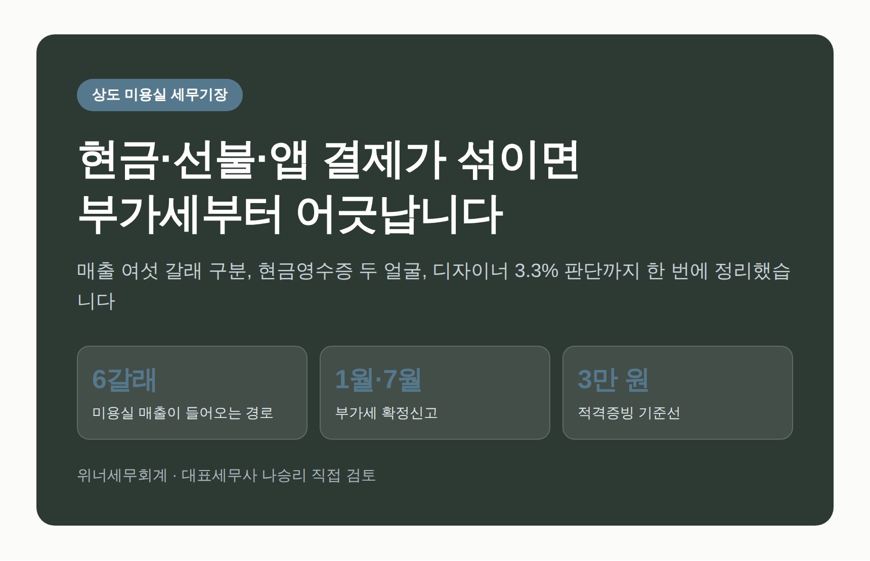 상도 미용실 세무기장 — 현금·선불·앱 결제가 섞이면 부가세부터 어긋납니다