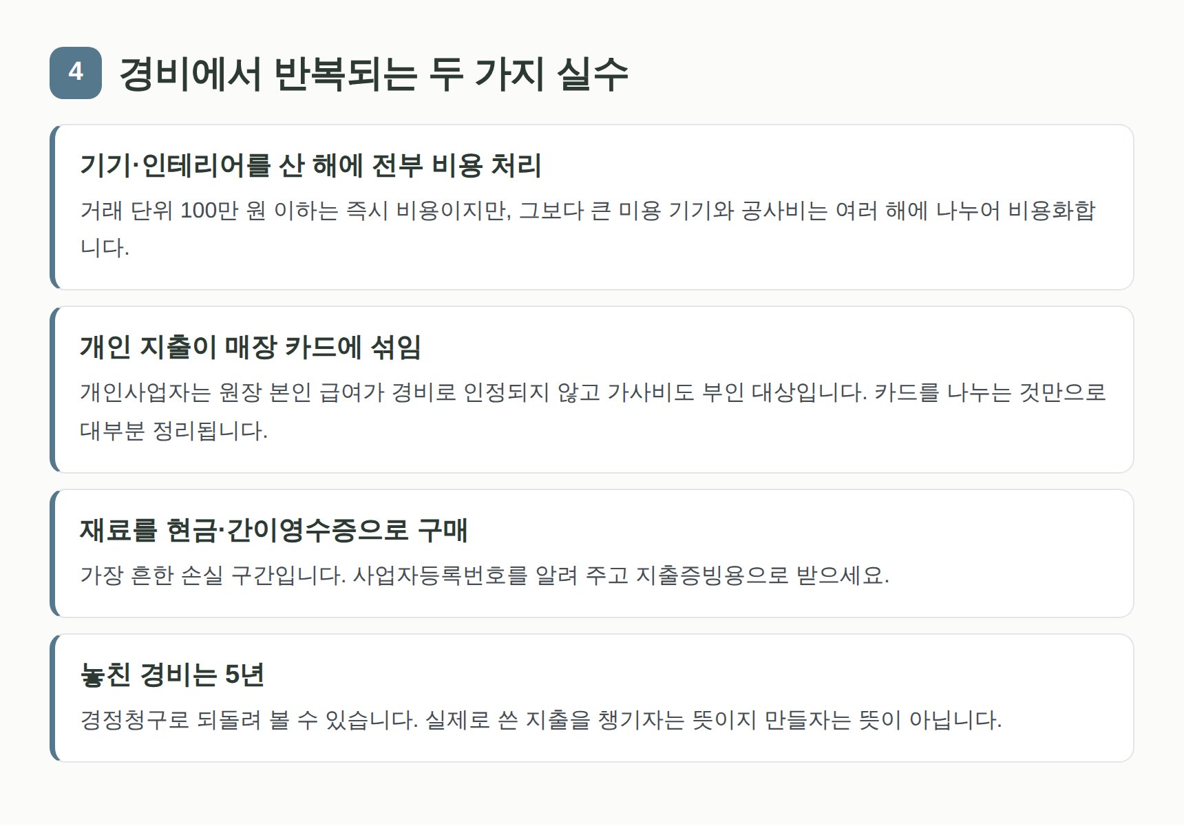 미용실 경비에서 반복되는 감가상각·개인 지출 혼입 실수