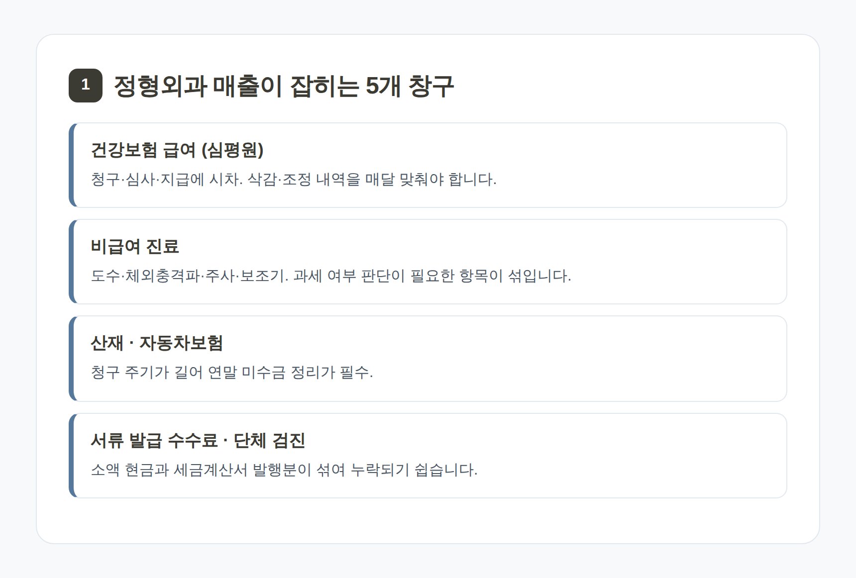 정형외과 매출이 잡히는 5개 창구와 장부 주의점
