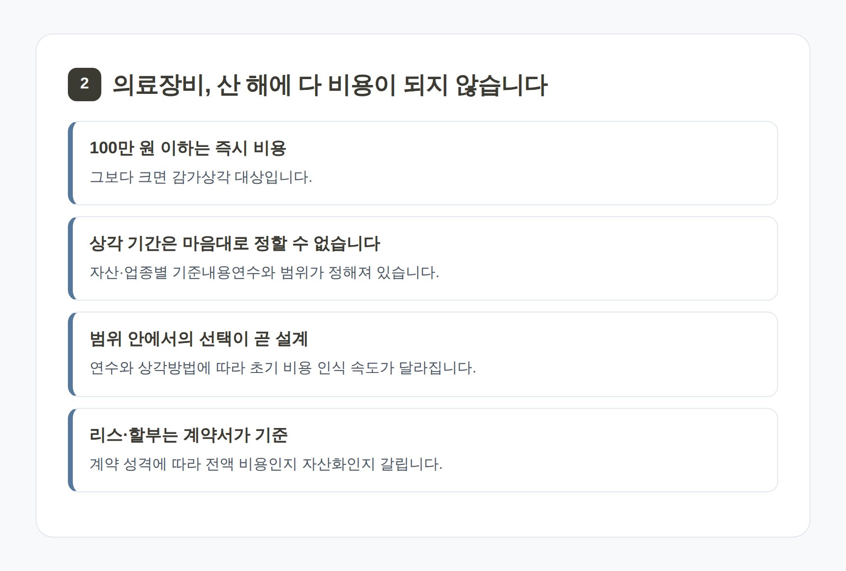 의료장비 감가상각 기준내용연수와 상각방법 선택