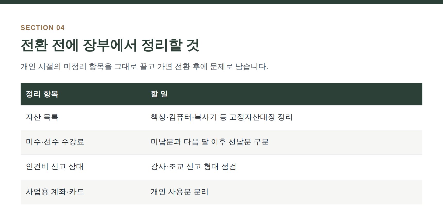 법인전환 전에 장부에서 정리해야 할 항목 체크리스트