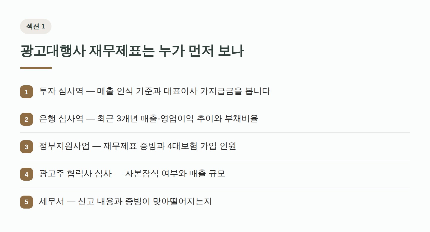 광고대행사 재무제표를 먼저 보는 사람들 — 투자 심사역·은행·정부지원사업·광고주 심사