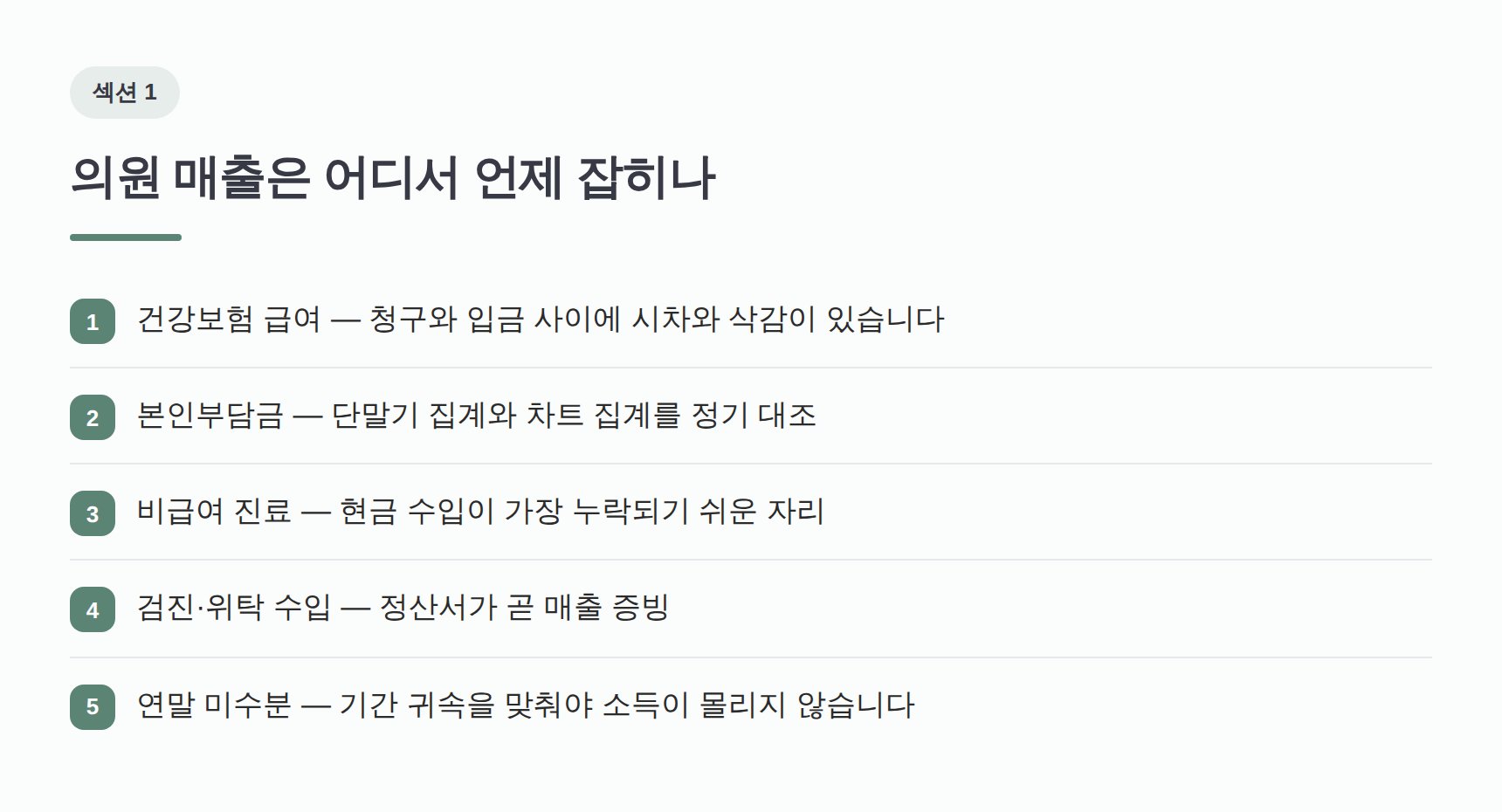 의원 매출 경로별 장부 정리 — 건강보험 급여·본인부담금·비급여·검진 수입