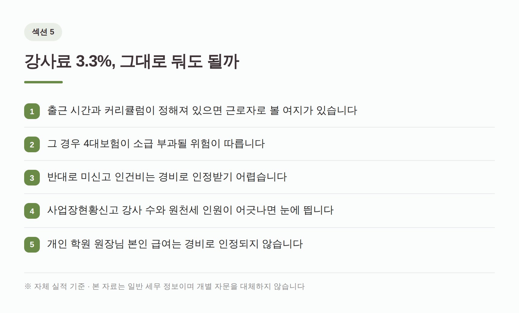 학원 강사료 3.3% 처리와 4대보험 소급 위험