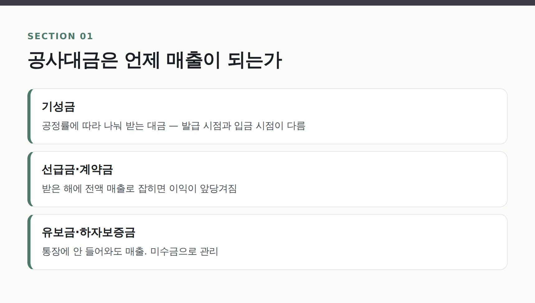 건설 공사대금 수입 경로별 매출 인식 시점 정리