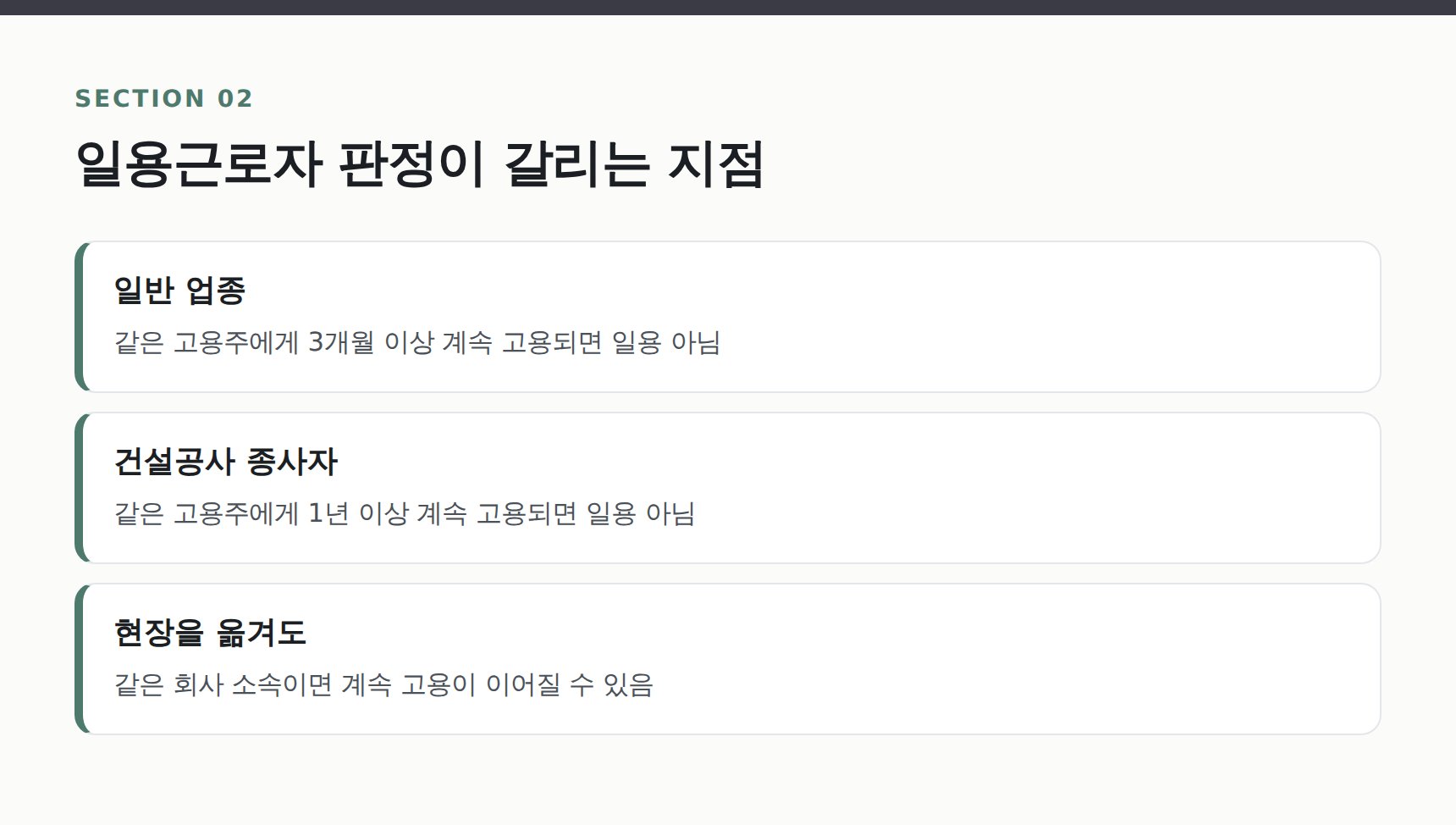 건설공사 종사자 일용근로자 판정 기준 1년 계속 고용