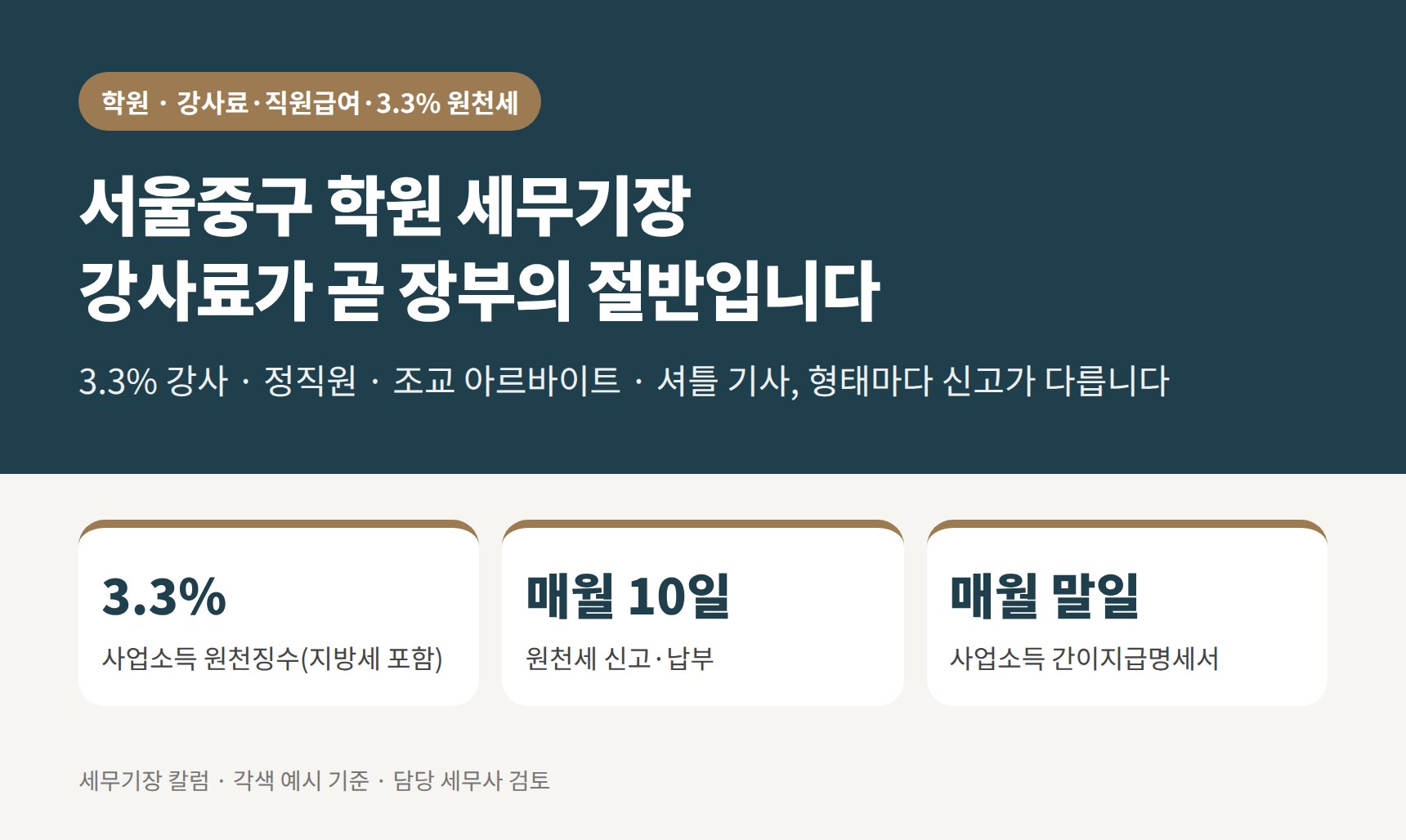 서울중구 학원 세무기장 — 강사료 3.3%, 직원 급여, 원천세까지 인건비 신고를 한 번에 정리합니다 (서울중구 학원 세무사)