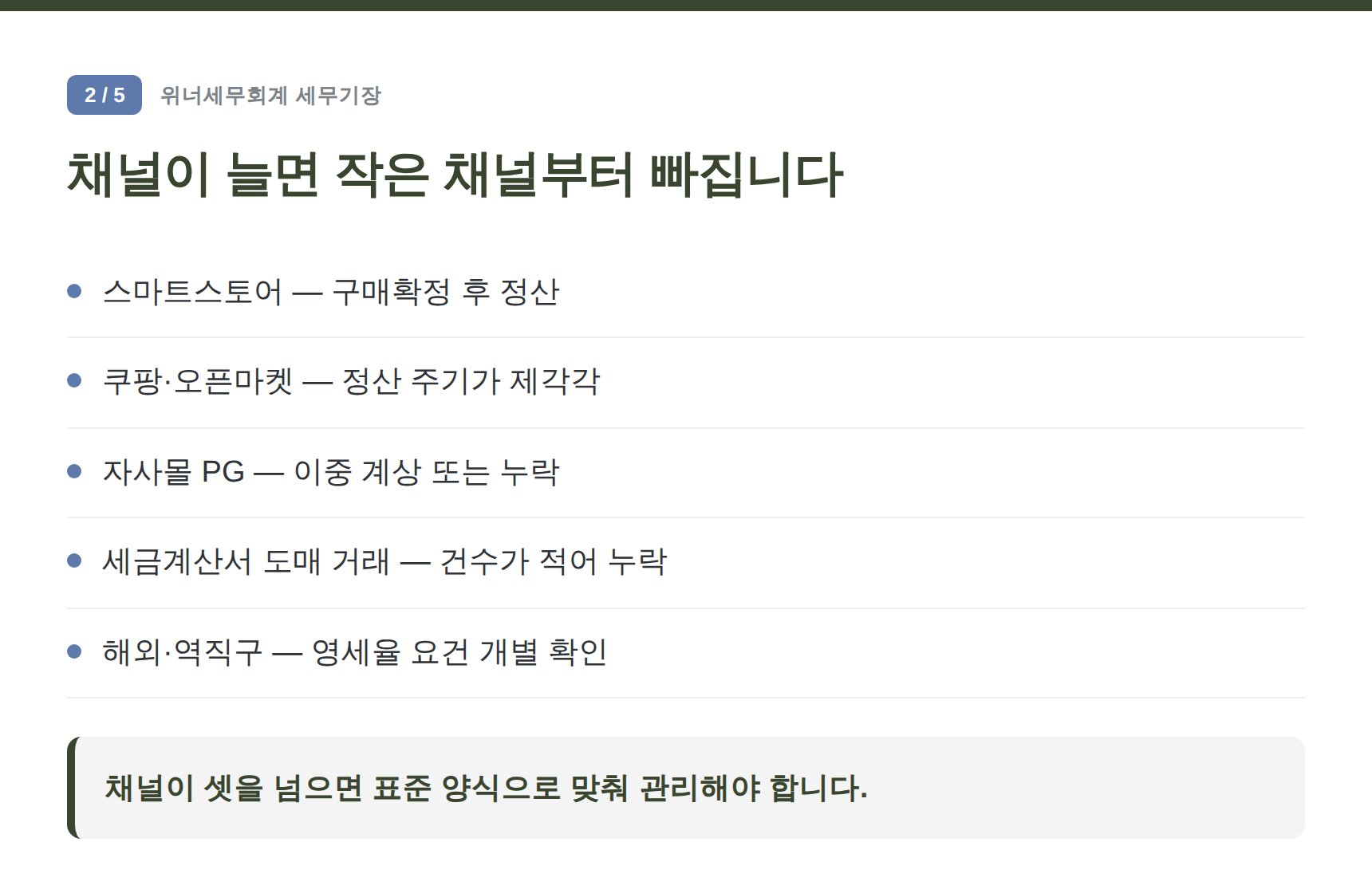 성북구 스마트스토어 세무기장 — 채널이 늘면 작은 채널부터 빠집니다