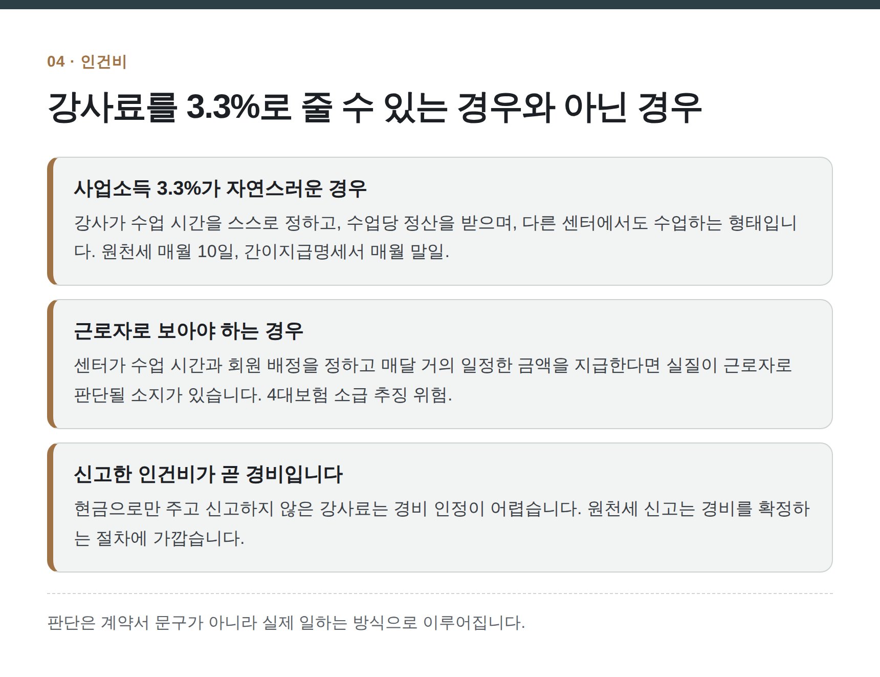 서초구 필라테스 세무기장 — 강사료를 3.3%로 줄 수 있는 경우와 아닌 경우