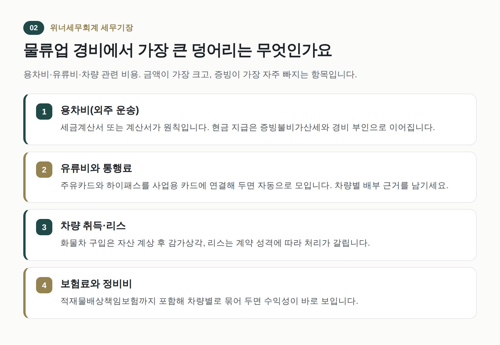 물류업 대표 경비 네 가지 — 용차비·유류비·차량비·보험료
