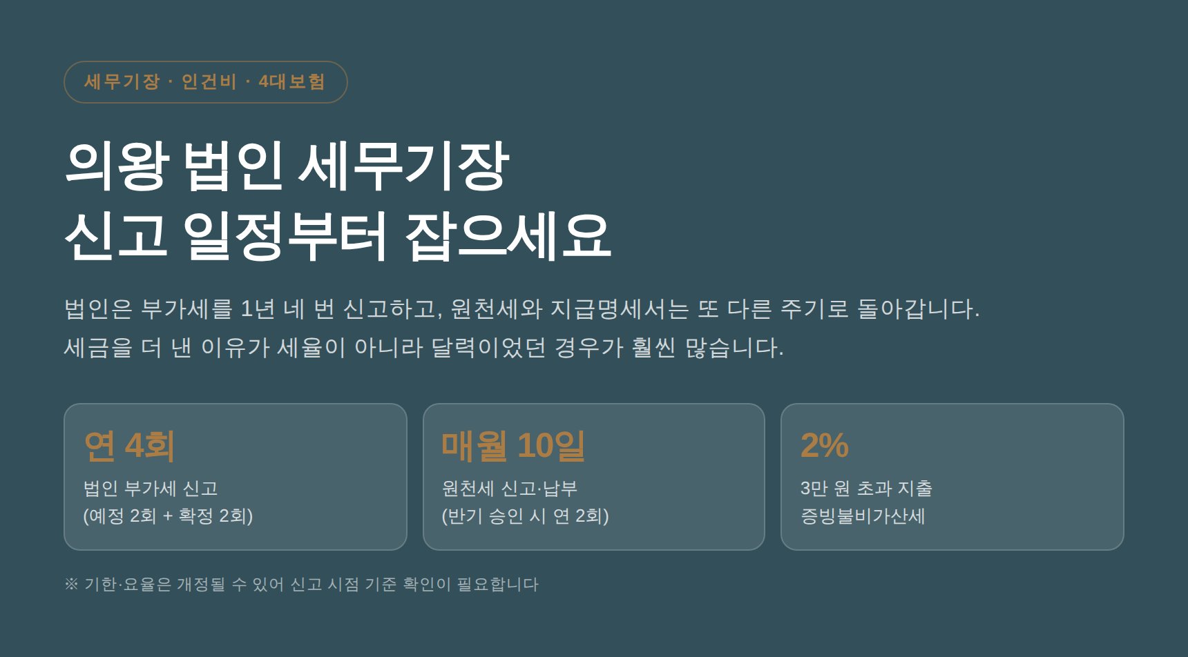 의왕 법인 세무기장 핵심 요약 — 법인 부가세 연 4회 신고, 원천세 매월 10일, 증빙불비가산세 2%