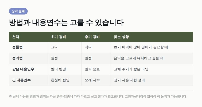 감가상각 방법과 내용연수 선택에 따른 손익 비교표