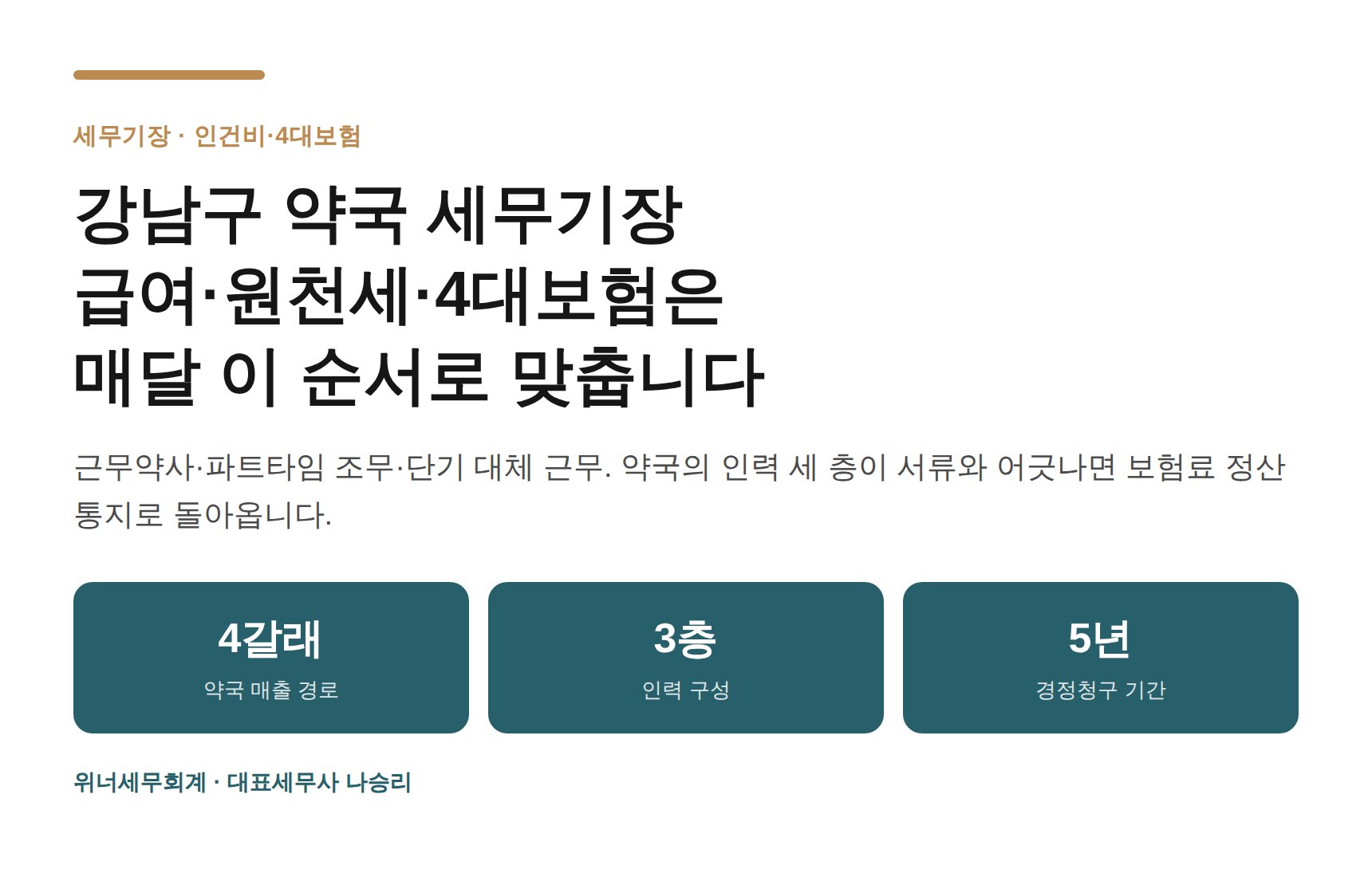 강남구 약국 세무기장 히어로 — 급여·원천세·4대보험 매달 점검 순서