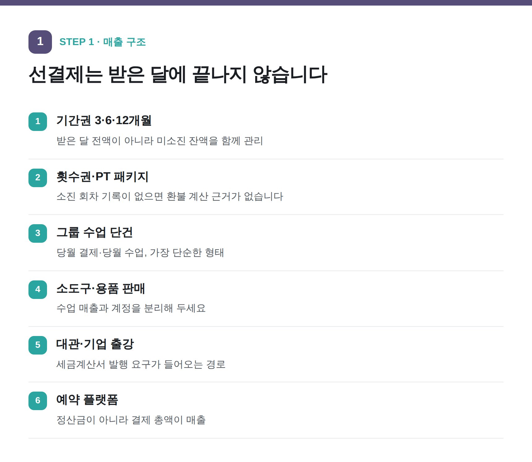 필라테스 센터 매출 경로 여섯 가지와 선수금 관리 포인트