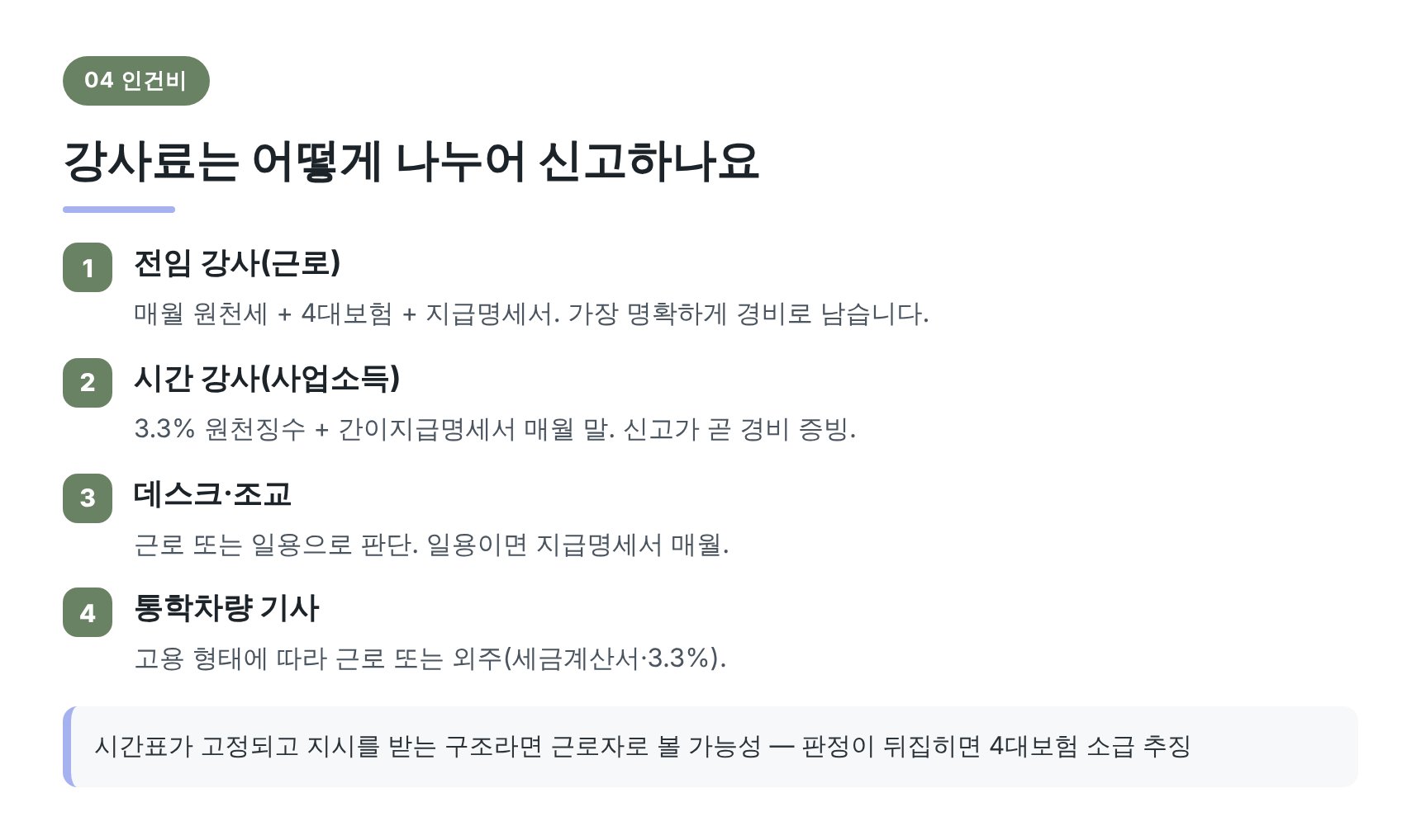 전임 강사와 시간 강사, 강사료 신고 방식 구분