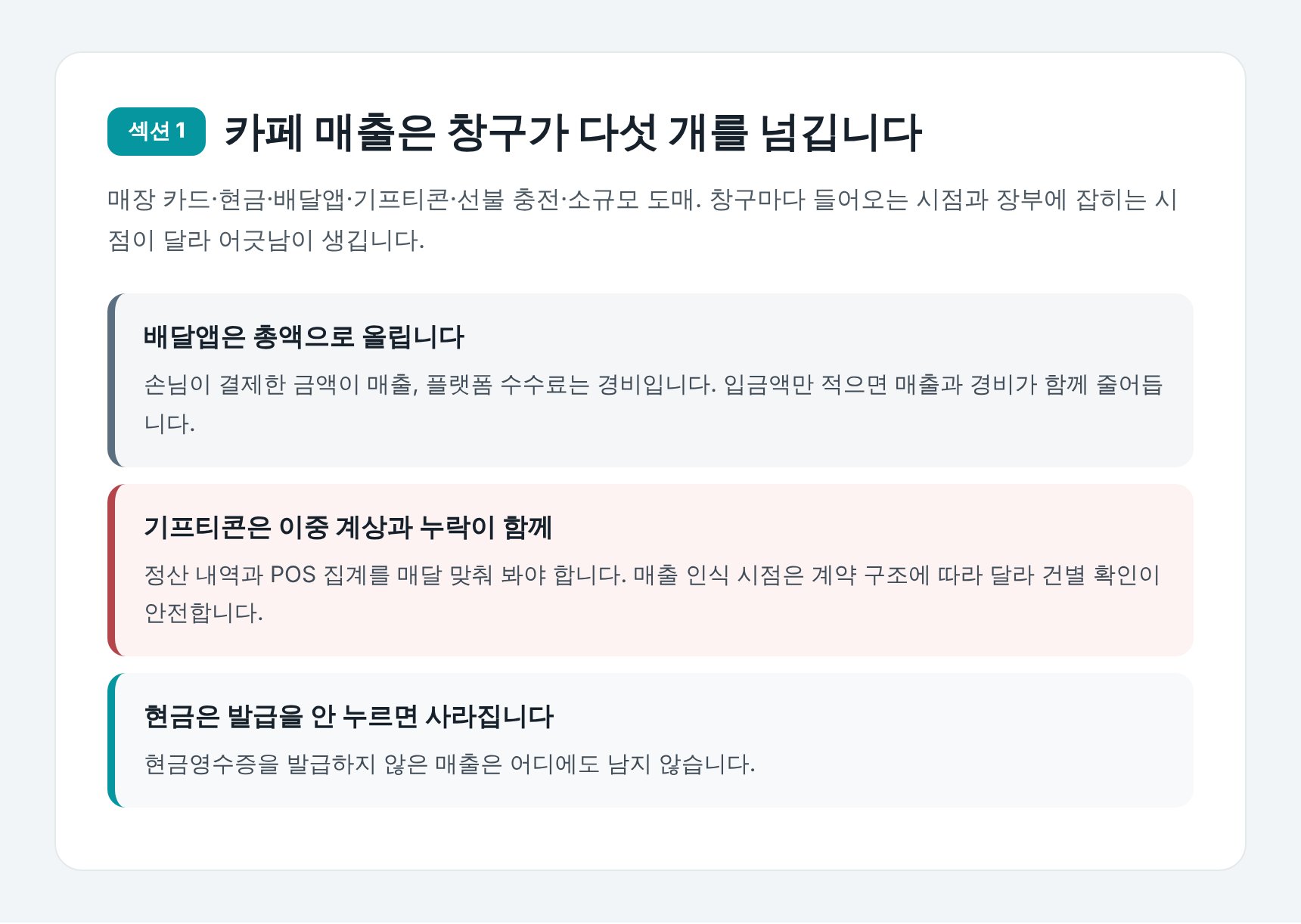 카페 매출 창구별 장부 반영과 누락 지점 정리