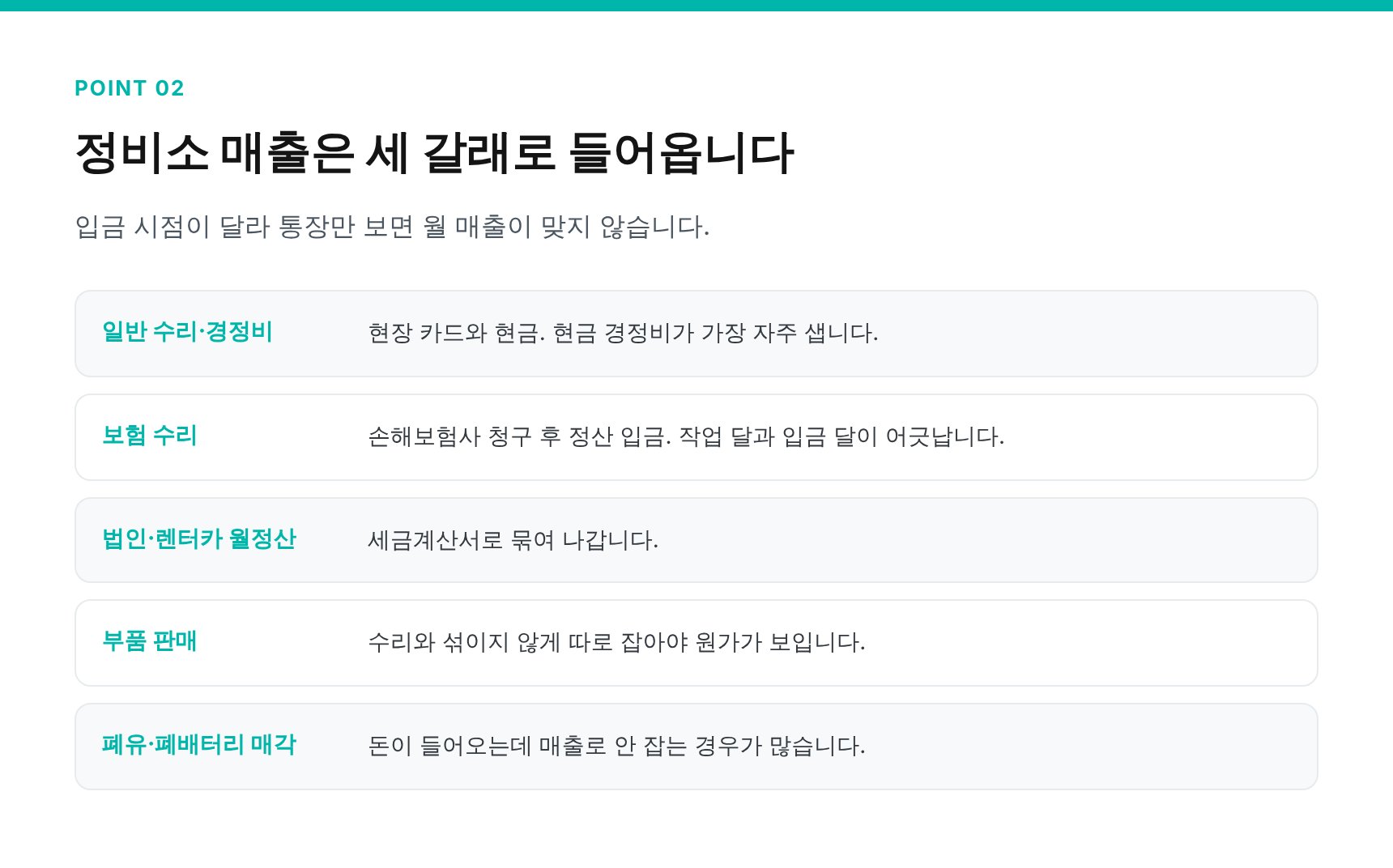 정비소 매출이 들어오는 경로와 누락되기 쉬운 매출