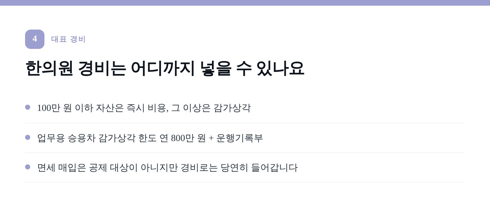 한의원 대표 경비 항목과 감가상각·운행기록부 기준