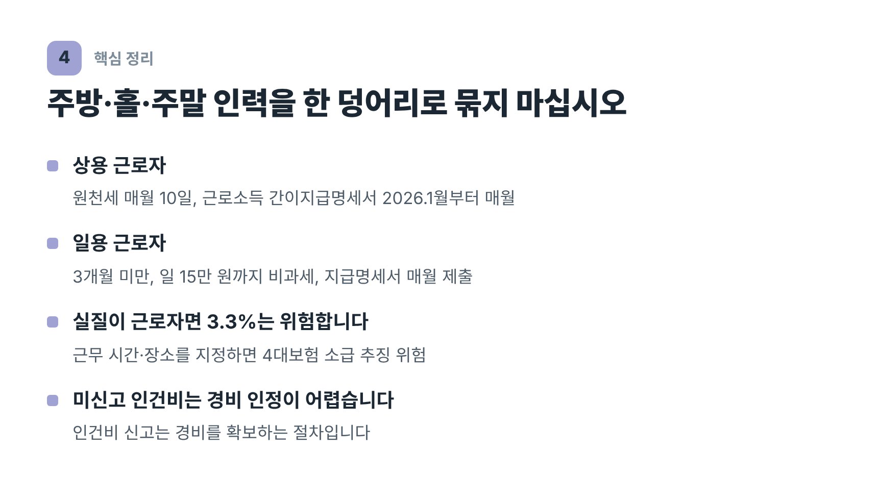 주방 정직원 홀 아르바이트 일용직 인건비 신고 구분