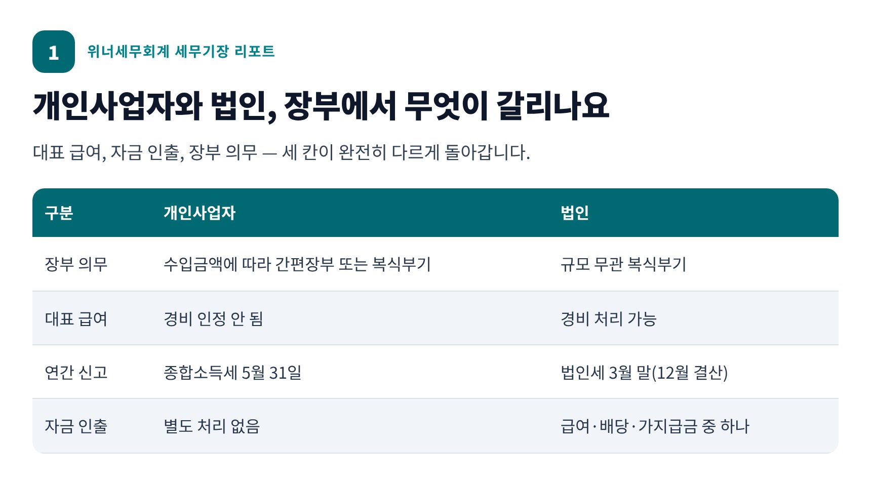 개인사업자와 법인의 장부 의무·대표 급여·자금 인출 비교표