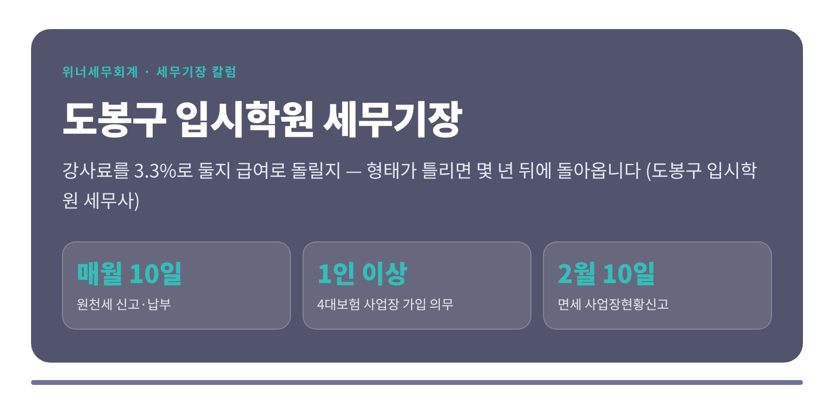도봉구 입시학원 세무기장 — 강사료를 3.3%로 둘지 급여로 돌릴지, 형태가 틀리면 몇 년 뒤에 돌아옵니다 (도봉구 입시학원 세무사)