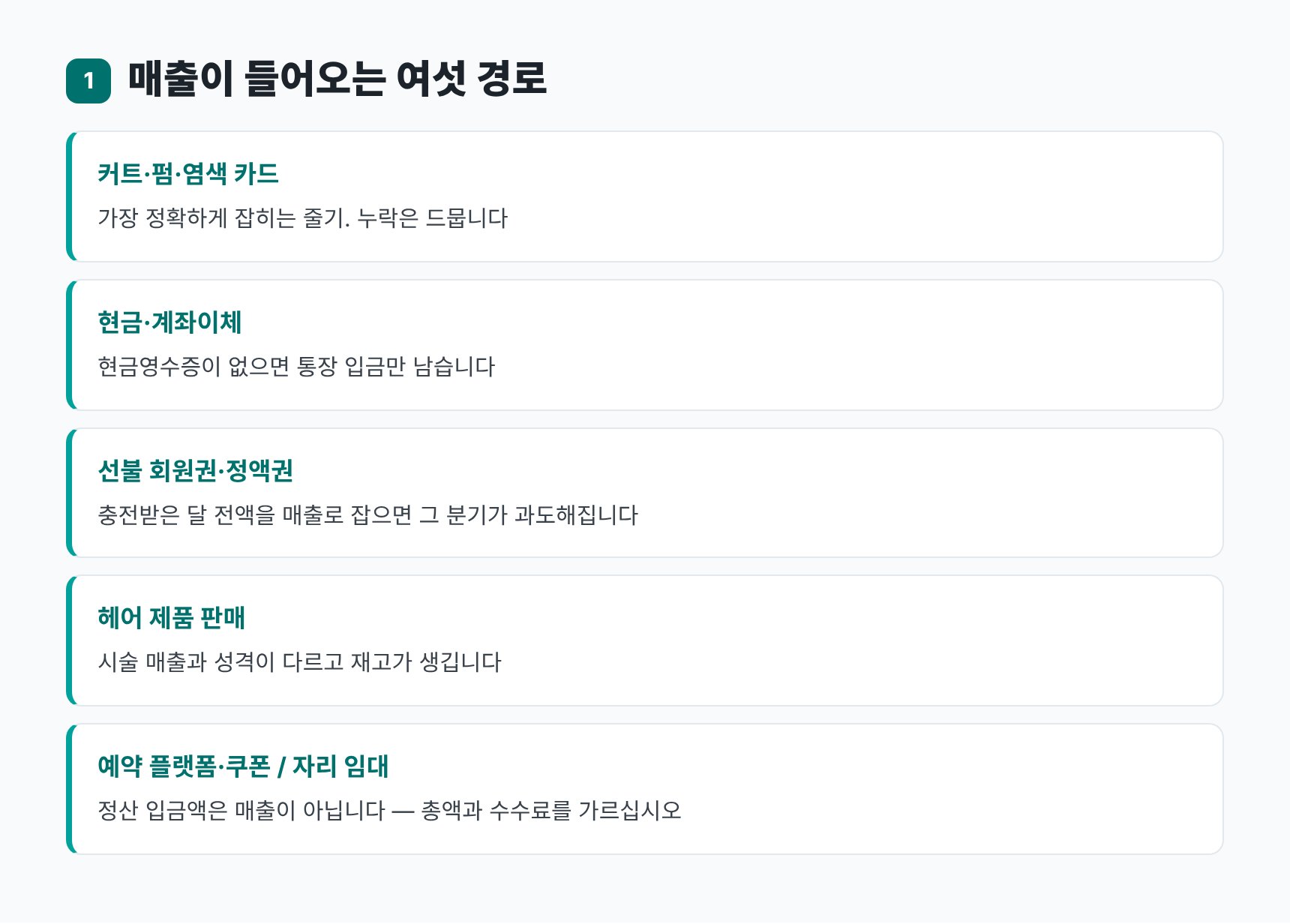 미용실 매출이 들어오는 여섯 경로 — 서울중구 미용실 세무기장 누락 점검표
