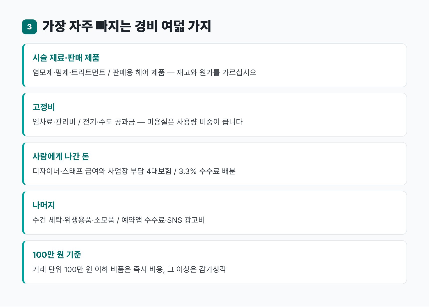 미용실에서 가장 자주 빠지는 경비 여덟 가지 — 서울중구 미용실 세무사가 보는 항목