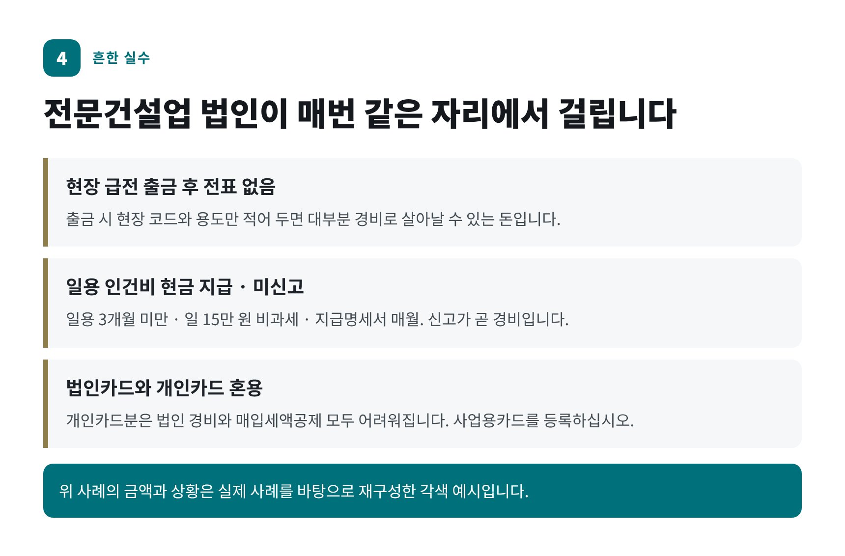 전문건설업 법인이 자주 틀리는 세 가지 — 현장 급전, 일용 인건비, 카드 혼용