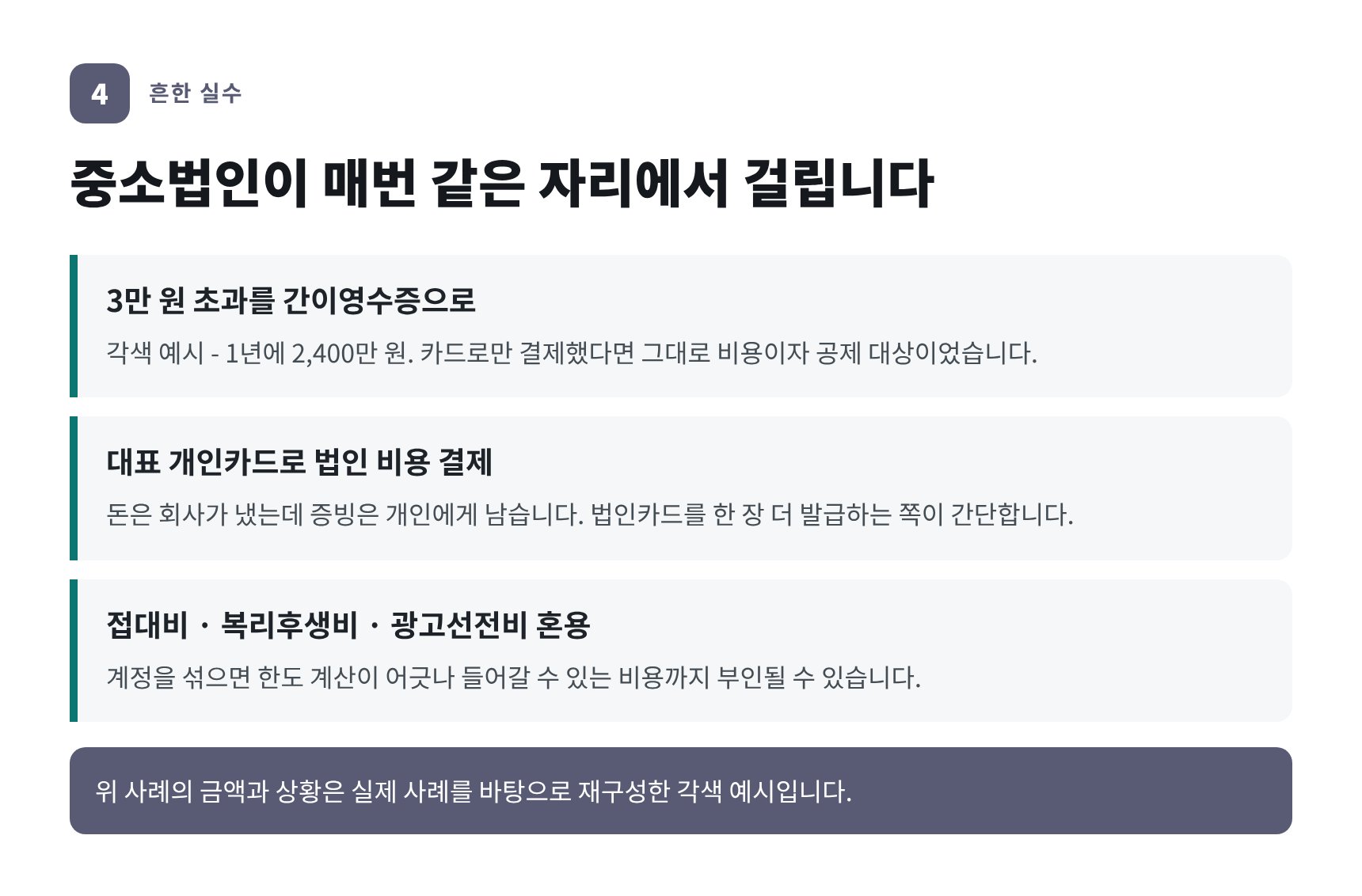 법인이 자주 틀리는 세 가지 — 간이영수증, 개인카드, 접대비 계정 혼용