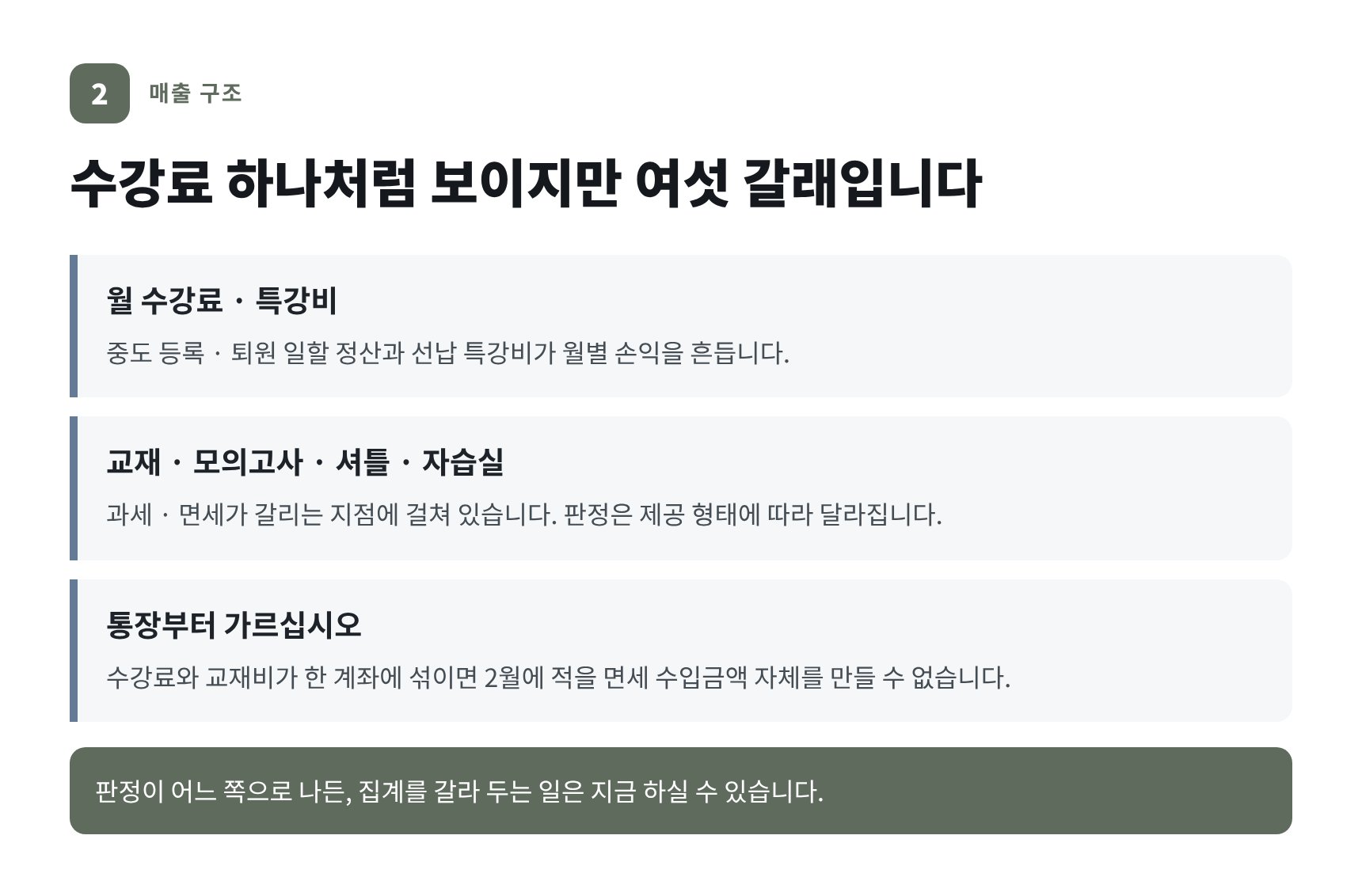 학원 매출 6경로 — 수강료 면세와 교재비 과세 구분, 통장 분리
