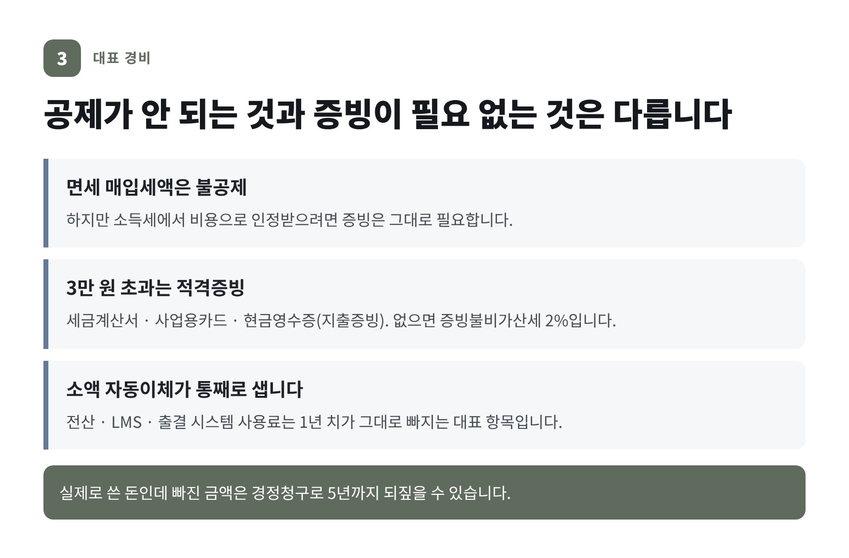 학원 대표 경비 8종 — 면세 매입세액 불공제와 적격증빙 3만 원 기준