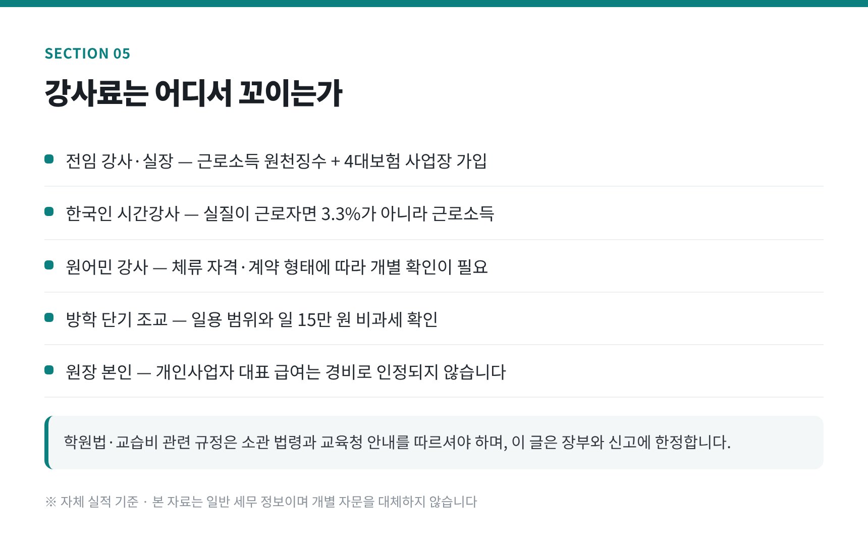 강사 형태별 원천세와 4대보험 판정 기준