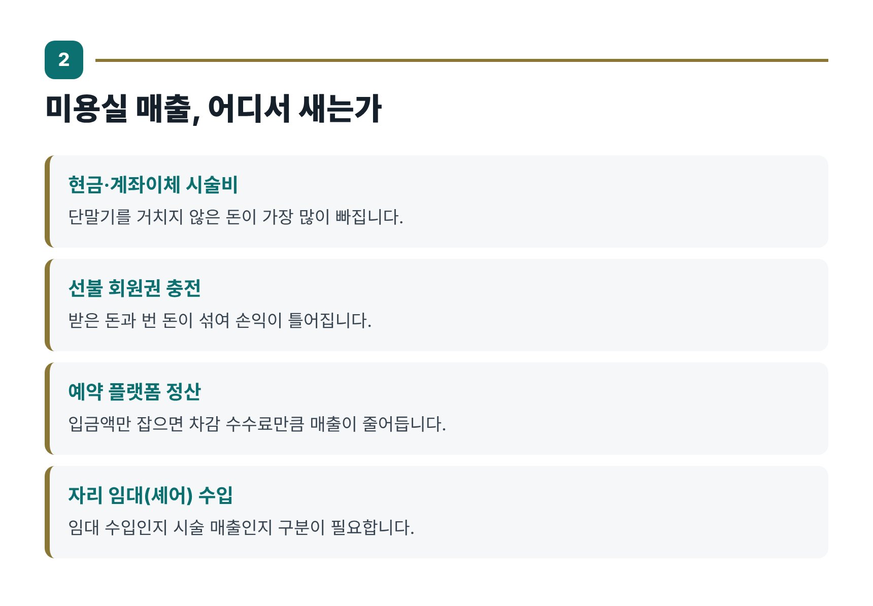 미용실 매출이 들어오는 경로와 누락이 생기는 지점 정리