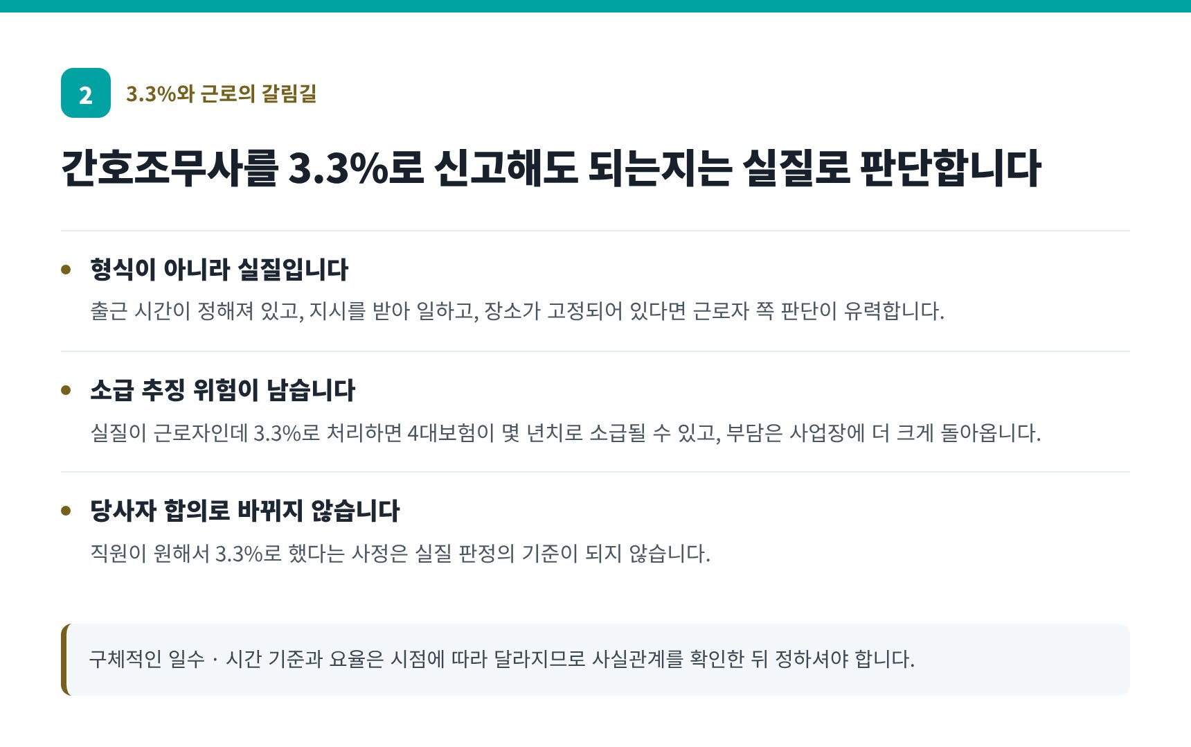 간호조무사 3.3% 신고 여부는 실질로 판단 — 동작구 한의원 세무기장 기준