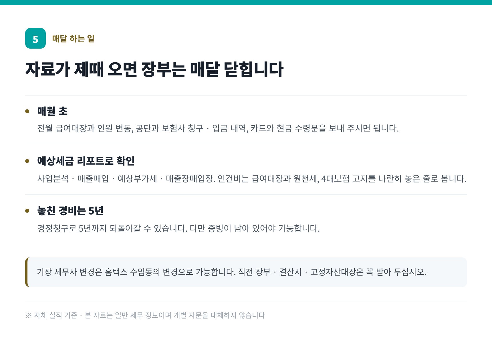 매달 보내 주실 자료와 예상세금 리포트 — 동작구 한의원 세무사 기장 실무
