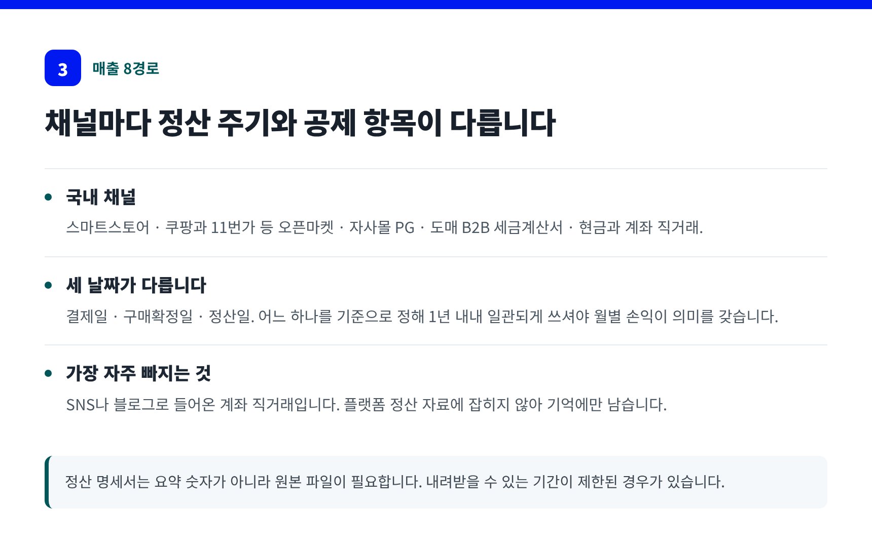 온라인 판매 매출 8경로와 결제일·구매확정일·정산일 차이