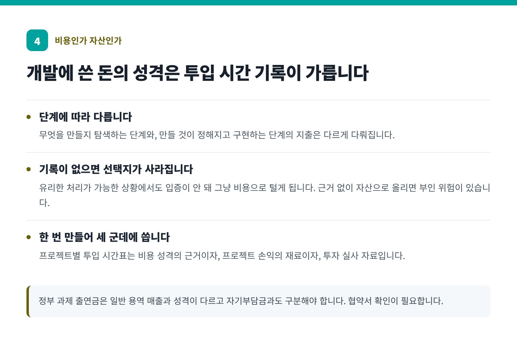 개발비는 비용인가 자산인가 — 프로젝트별 투입 시간 기록이 근거