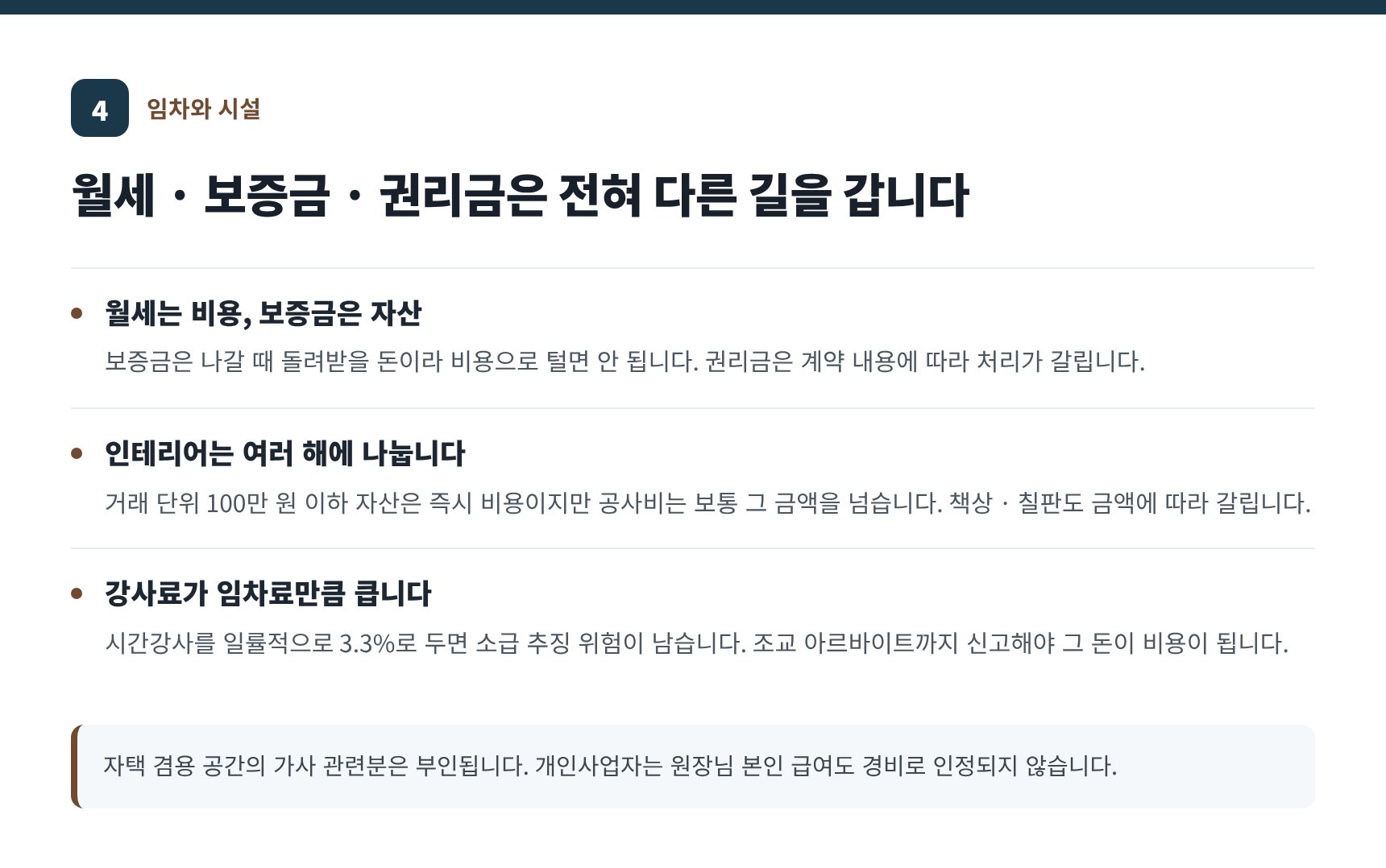 월세·보증금·권리금과 인테리어 감가상각 — 종로구 수학학원 세무기장