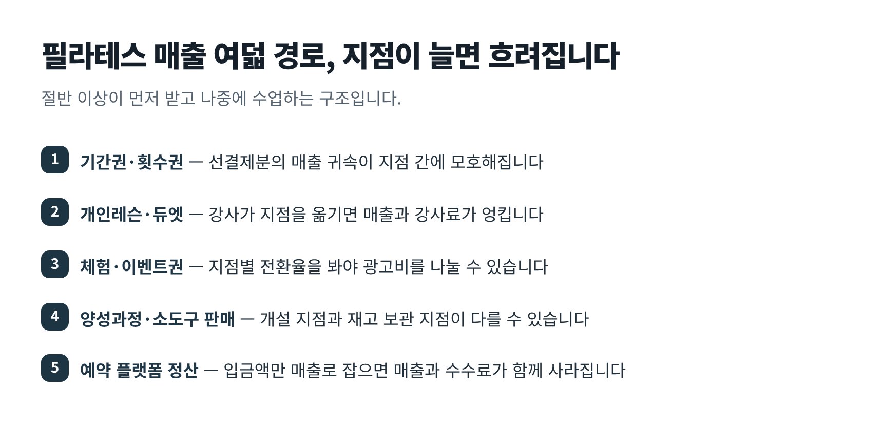 필라테스 센터 매출 여덟 경로와 지점별 귀속