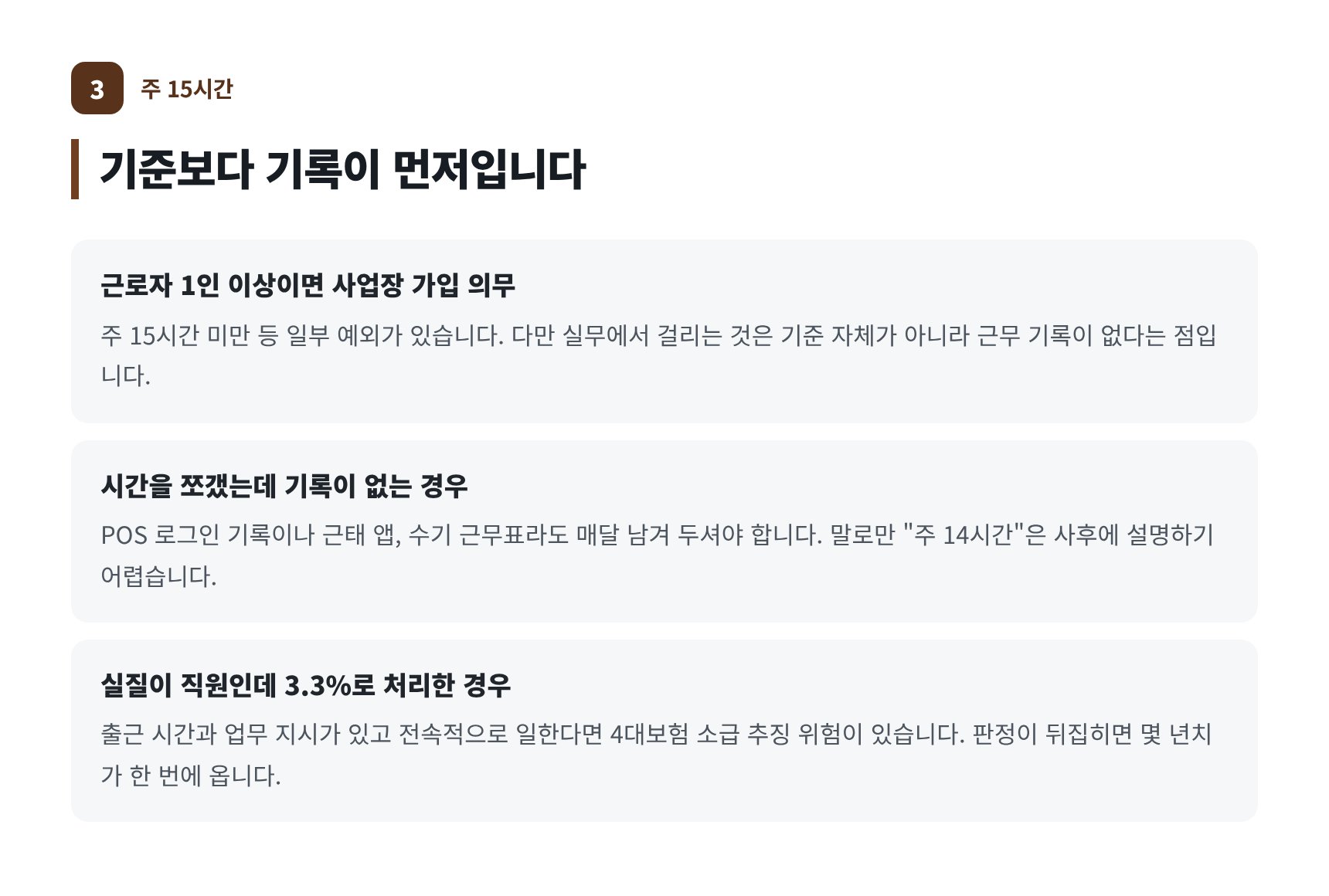 주 15시간 기준과 4대보험 사업장 가입, 근무 기록의 중요성