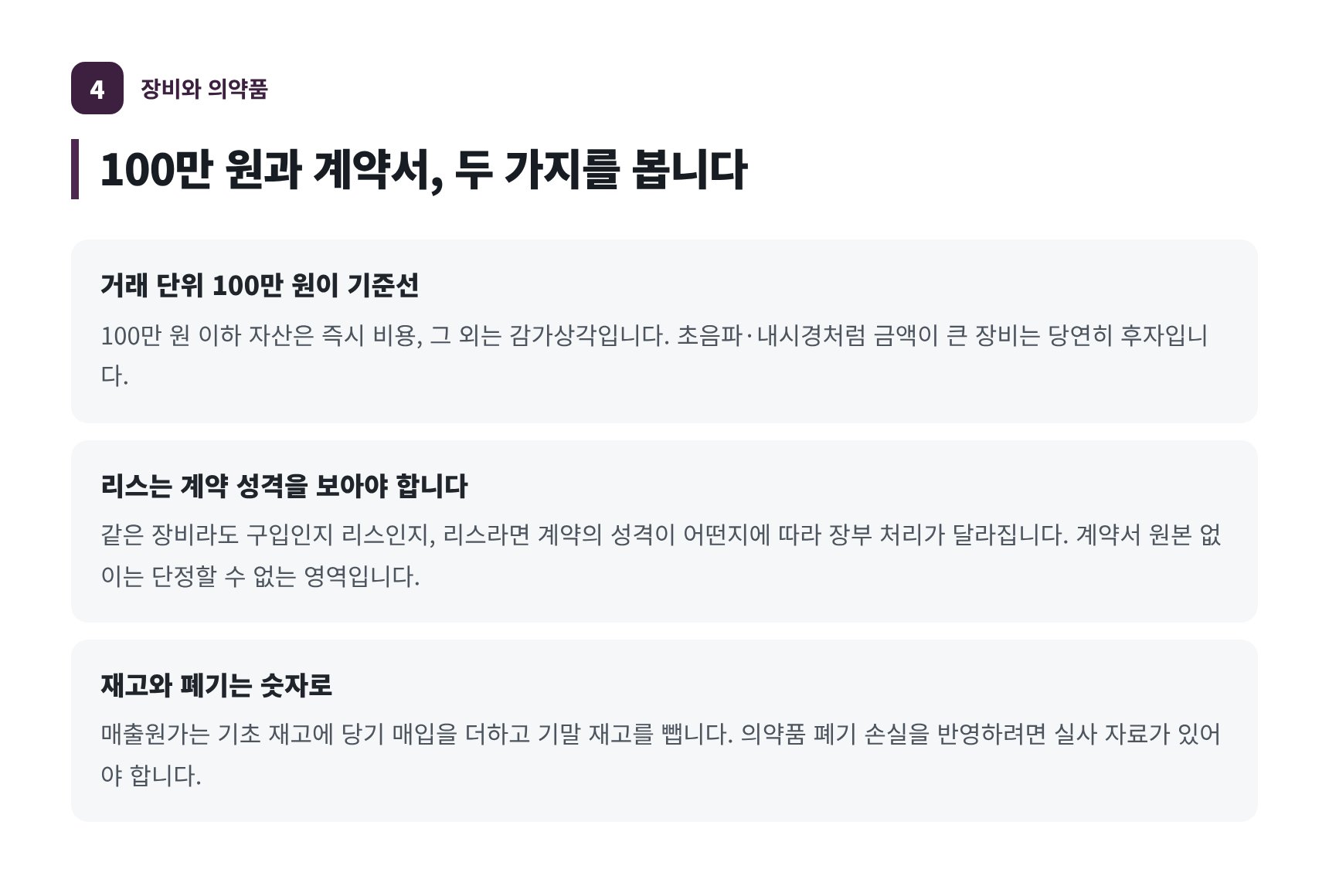 의료장비 감가상각과 의약품 재고·폐기 손실의 장부 처리