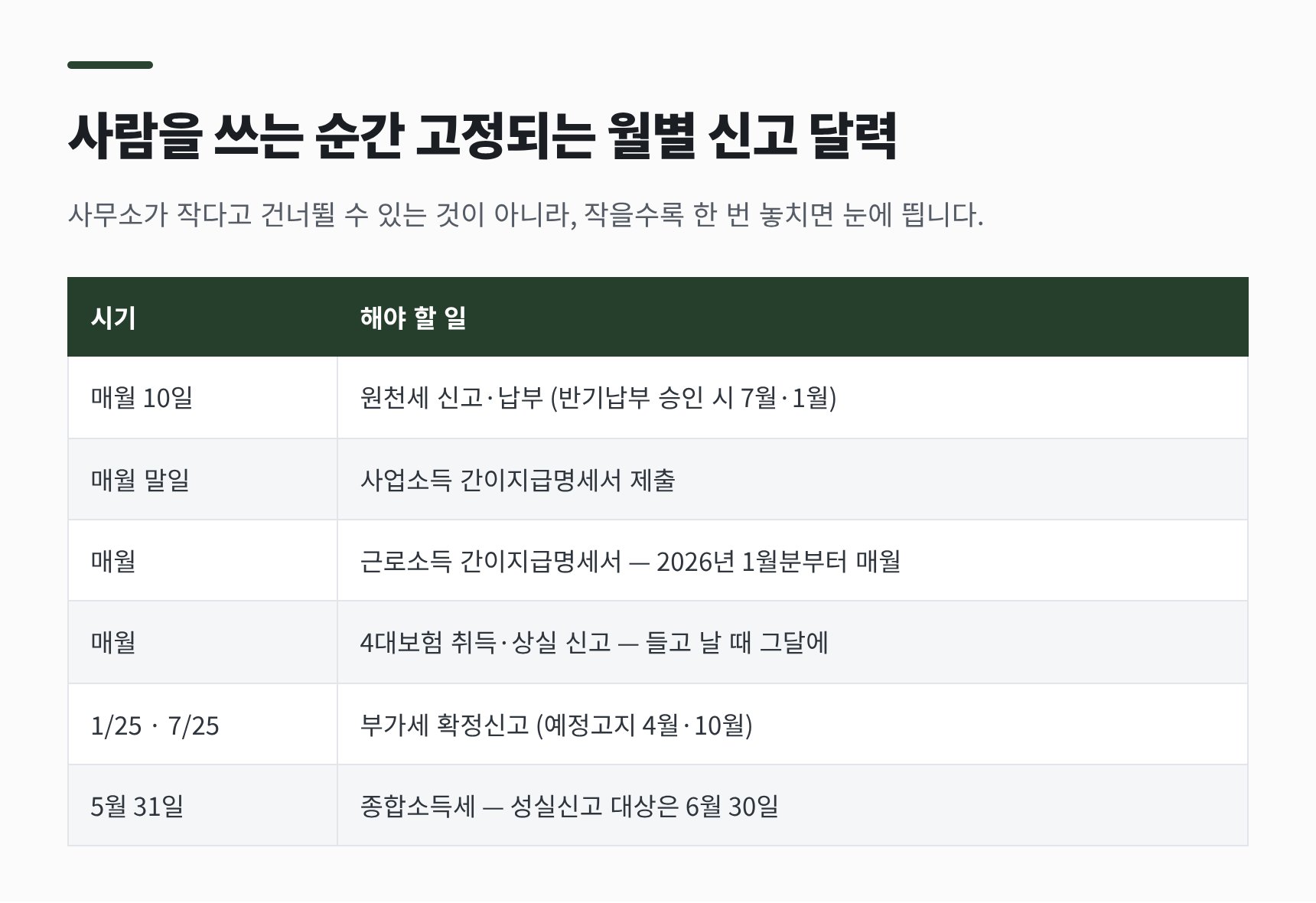 중개사무소 월별 신고 달력 — 원천세·간이지급명세서·4대보험·부가세